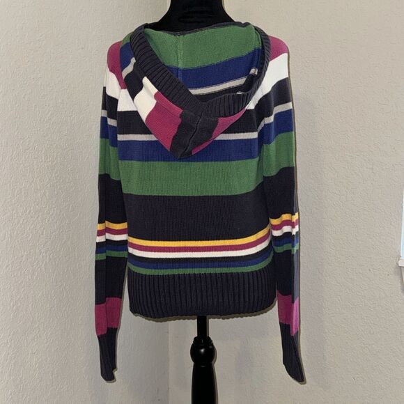 Vtg Y2K Aeropostale Sweater Womens Large Multicolor Striped Henley Neck Hooded - Picture 3 of 8